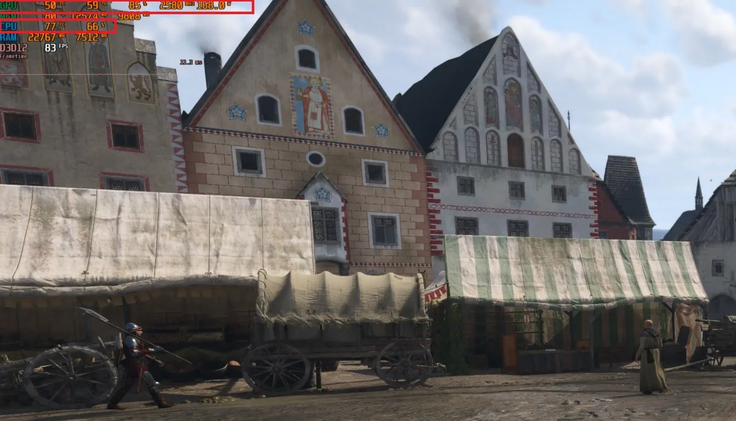 Màn hình hiển thị chỉ số hiệu năng trong game Kingdom Come: Deliverance II, cho thấy mức sử dụng GPU thấp và CPU cao, dấu hiệu của nghẽn cổ chai CPU khi chơi game.