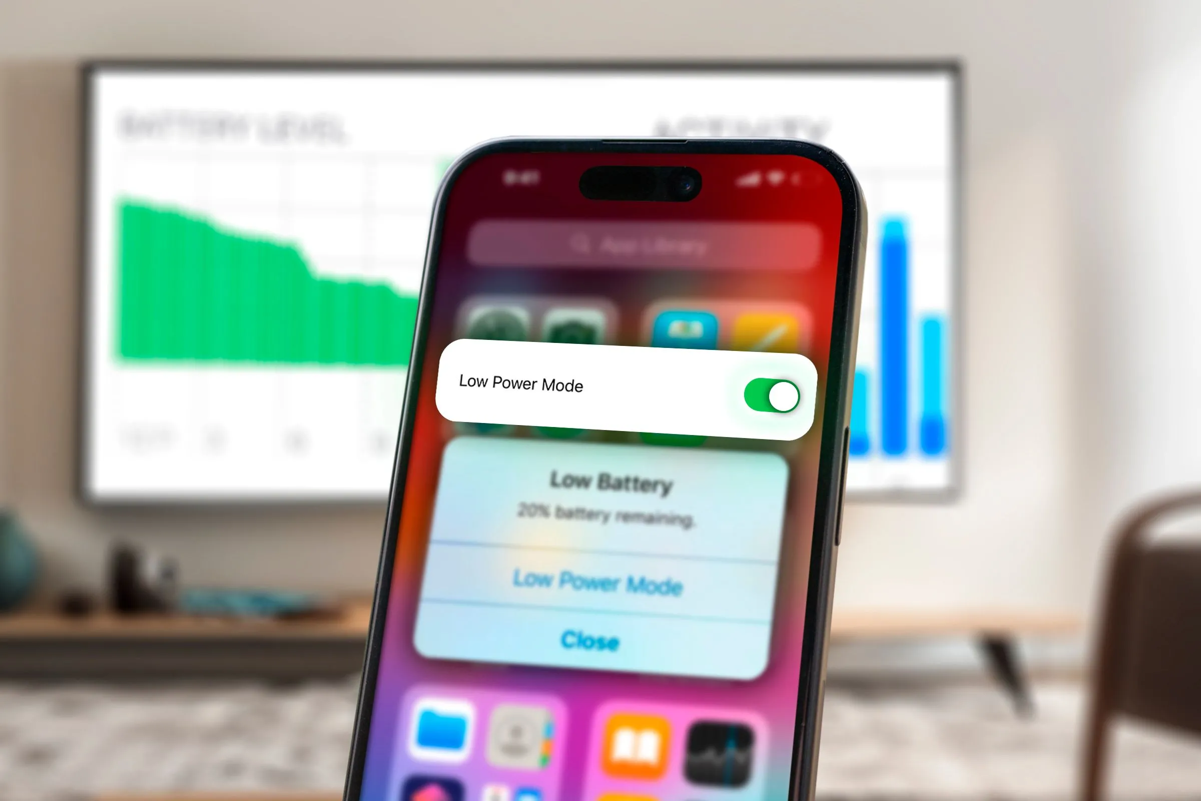Màn hình iPhone hiển thị cảnh báo pin yếu và bật chế độ tiết kiệm pin.