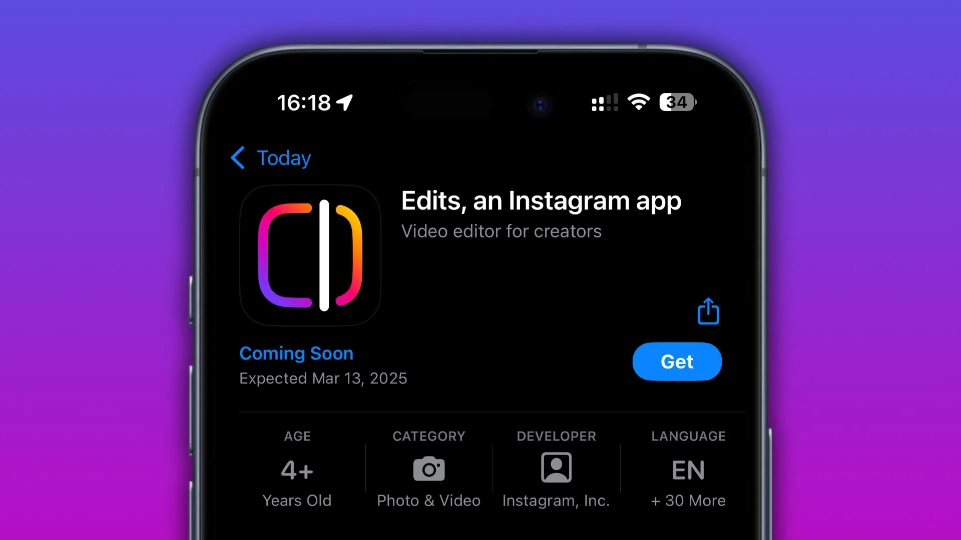 Màn hình iPhone trên App Store hiển thị ứng dụng chỉnh sửa video Edits của Instagram, công cụ thay thế tiềm năng cho CapCut, sẵn sàng cho người dùng đặt trước.