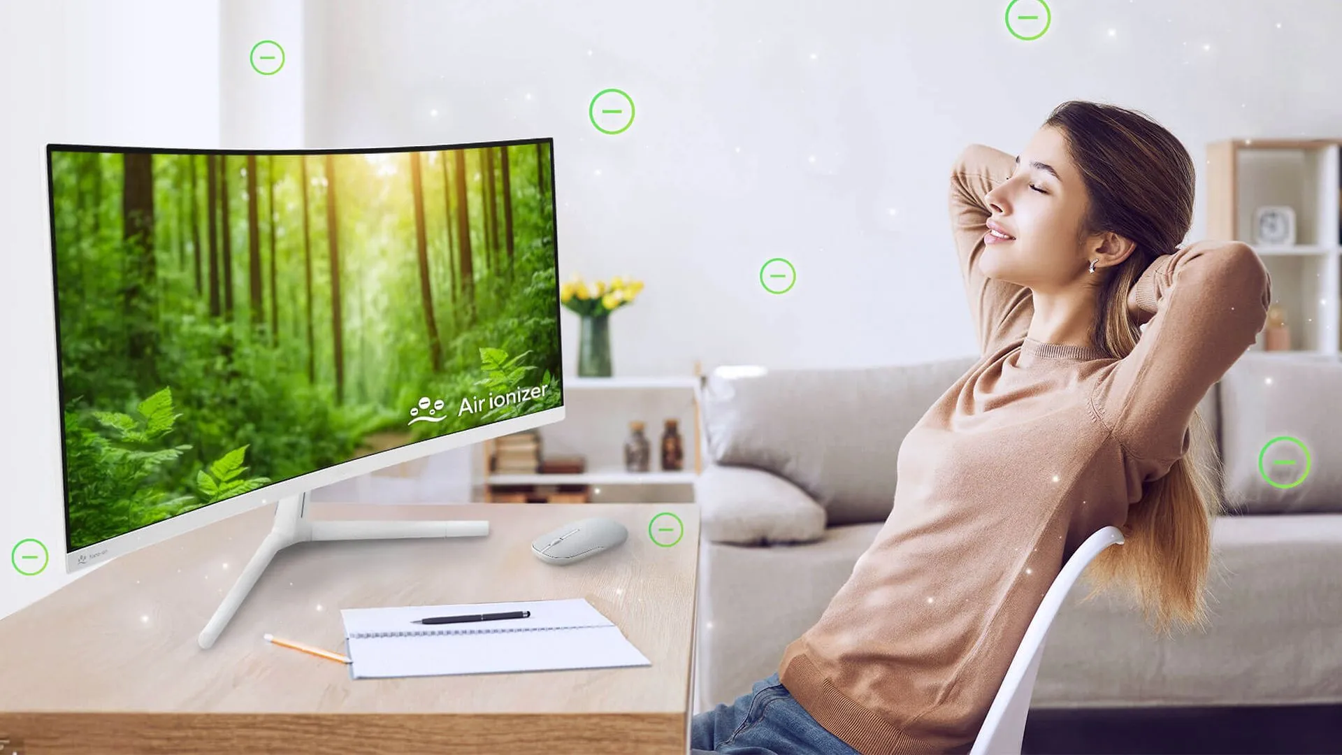 Màn hình máy tính ASUS tích hợp công nghệ ion hóa không khí, giúp làm sạch môi trường làm việc.