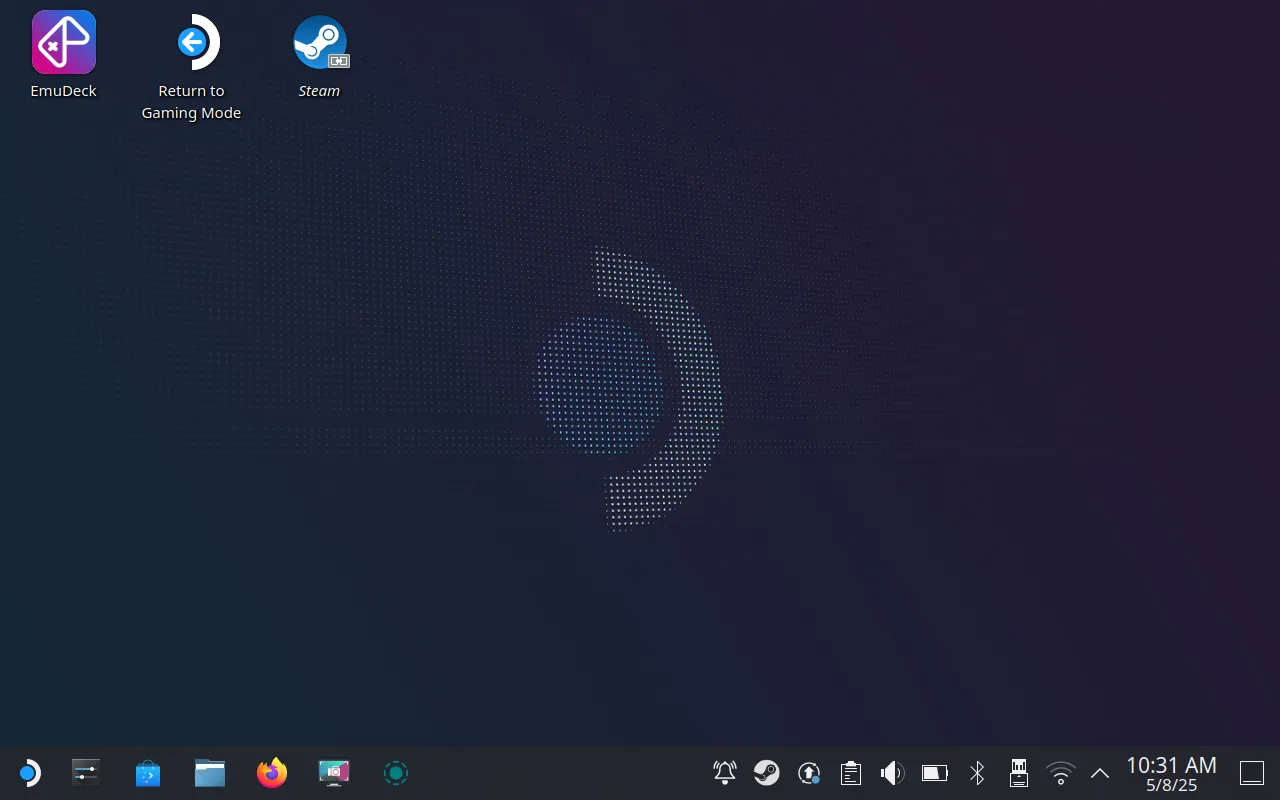 Màn hình nền SteamOS Desktop Mode, giao diện chính để thực hiện các thao tác cài đặt ứng dụng và game trên Steam Deck