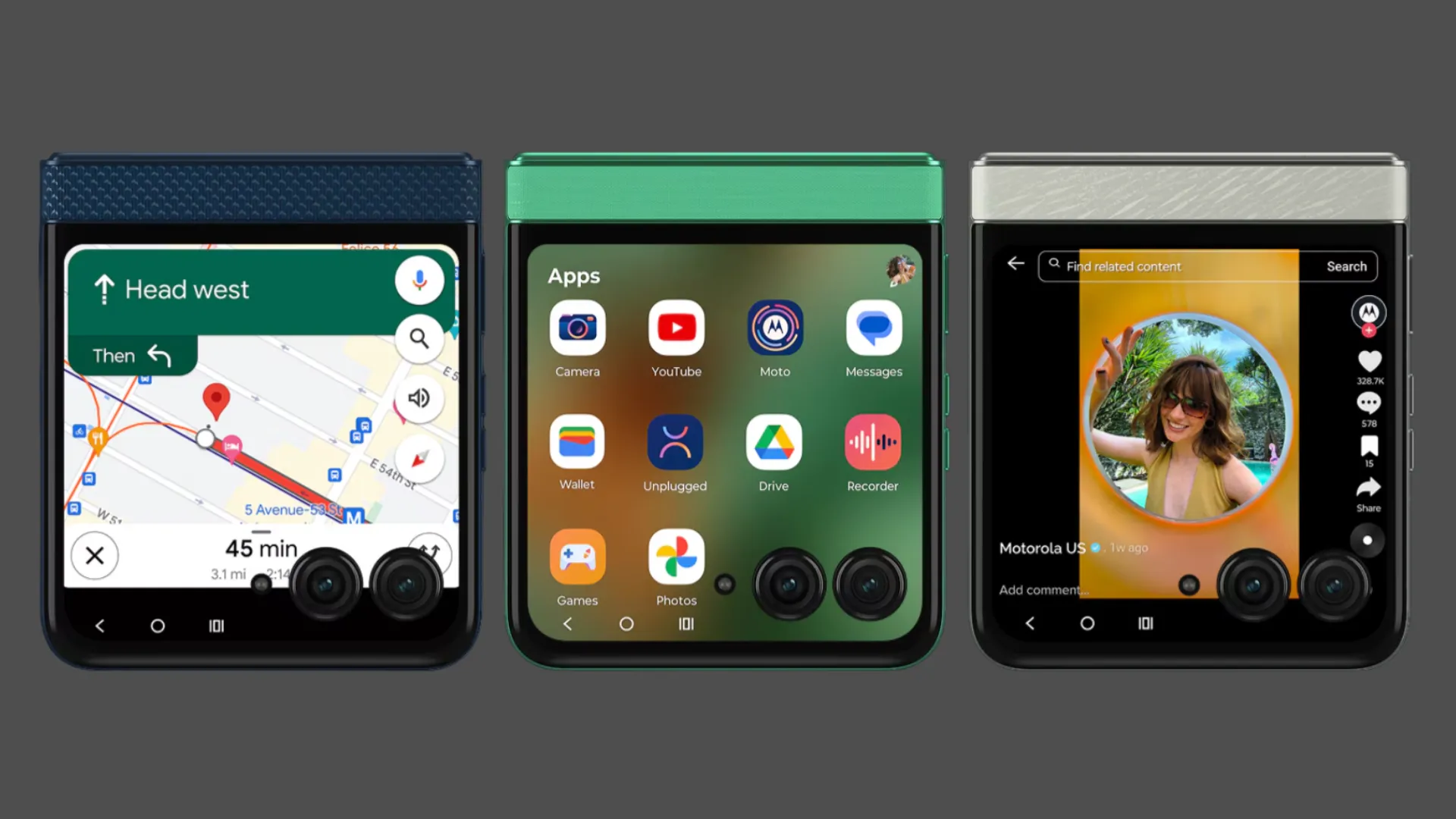 Màn hình phụ điện thoại Motorola Razr 2025 hiển thị giao diện Hello UI với các widget thông tin.
