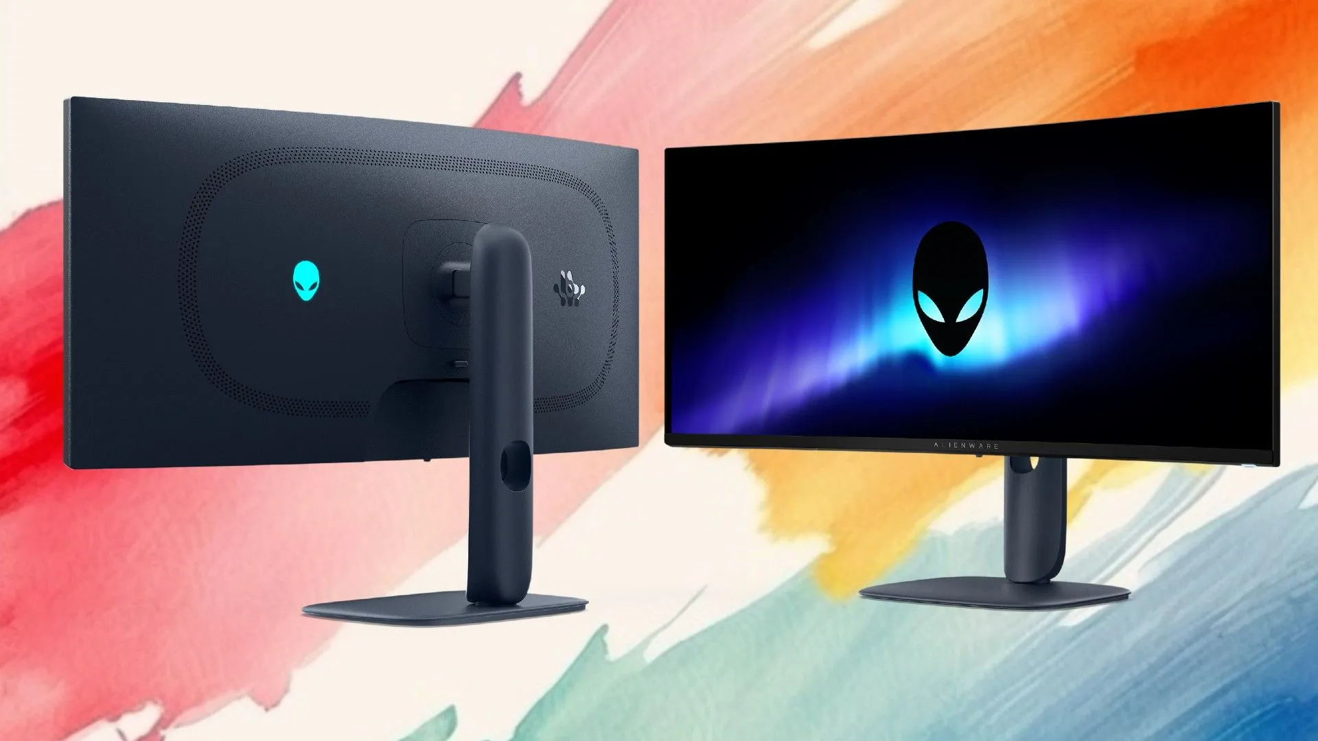 Màn hình QD-OLED 240Hz 34 inch của Alienware trên nền màu hồng, vàng và xanh lá cây, thể hiện thiết kế cao cấp dành cho game thủ.