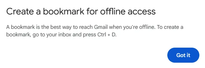 Màn hình tạo dấu trang (bookmark) cho địa chỉ Gmail trên trình duyệt Chrome, giúp truy cập nhanh hòm thư của bạn khi sử dụng chế độ ngoại tuyến.