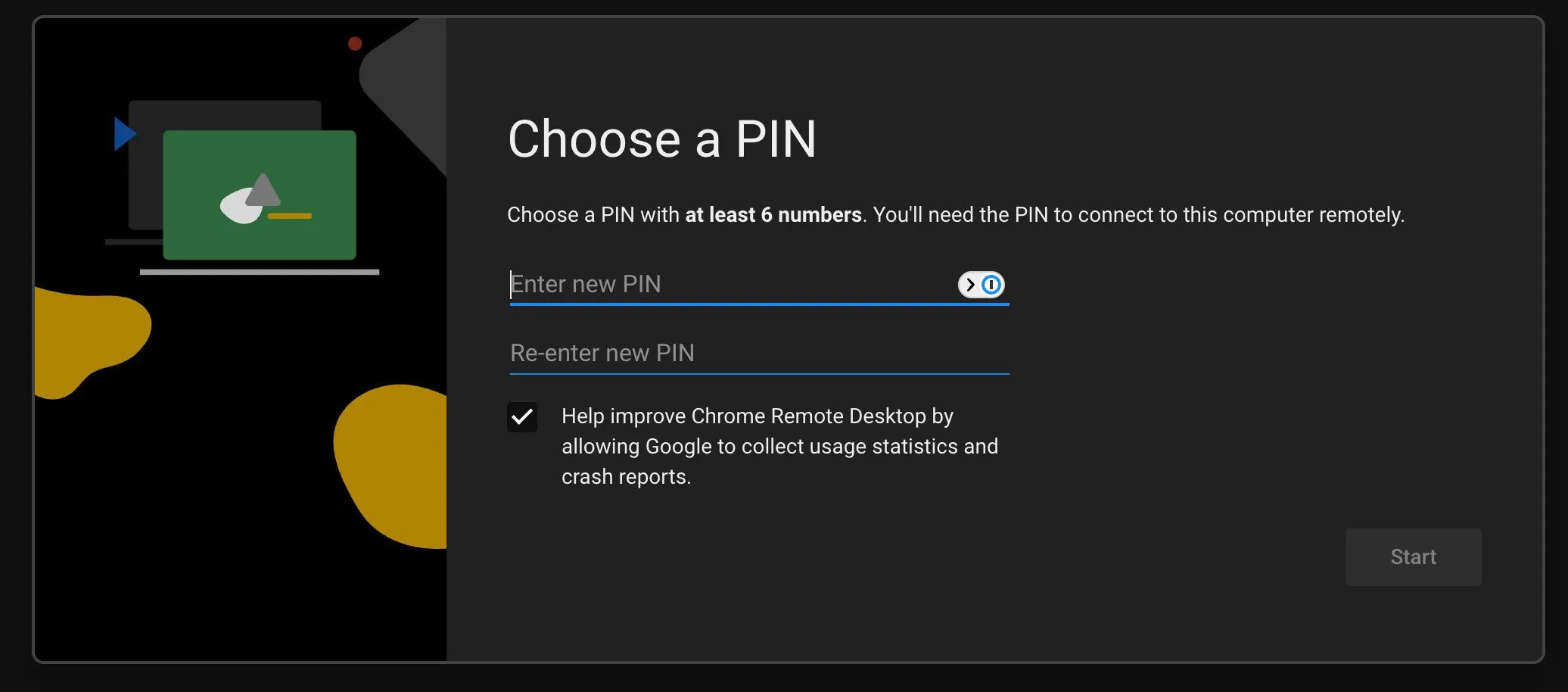 Màn hình thiết lập mã PIN bảo mật cho Chrome Remote Desktop, đảm bảo chỉ người dùng được ủy quyền mới có thể truy cập máy tính từ xa.