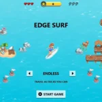 Màn hình tiêu đề của trò chơi Edge Surf, hiển thị người lướt ván trên biển xanh và sóng cuộn, mời gọi người chơi khám phá thế giới giải trí ẩn trên trình duyệt Microsoft Edge.