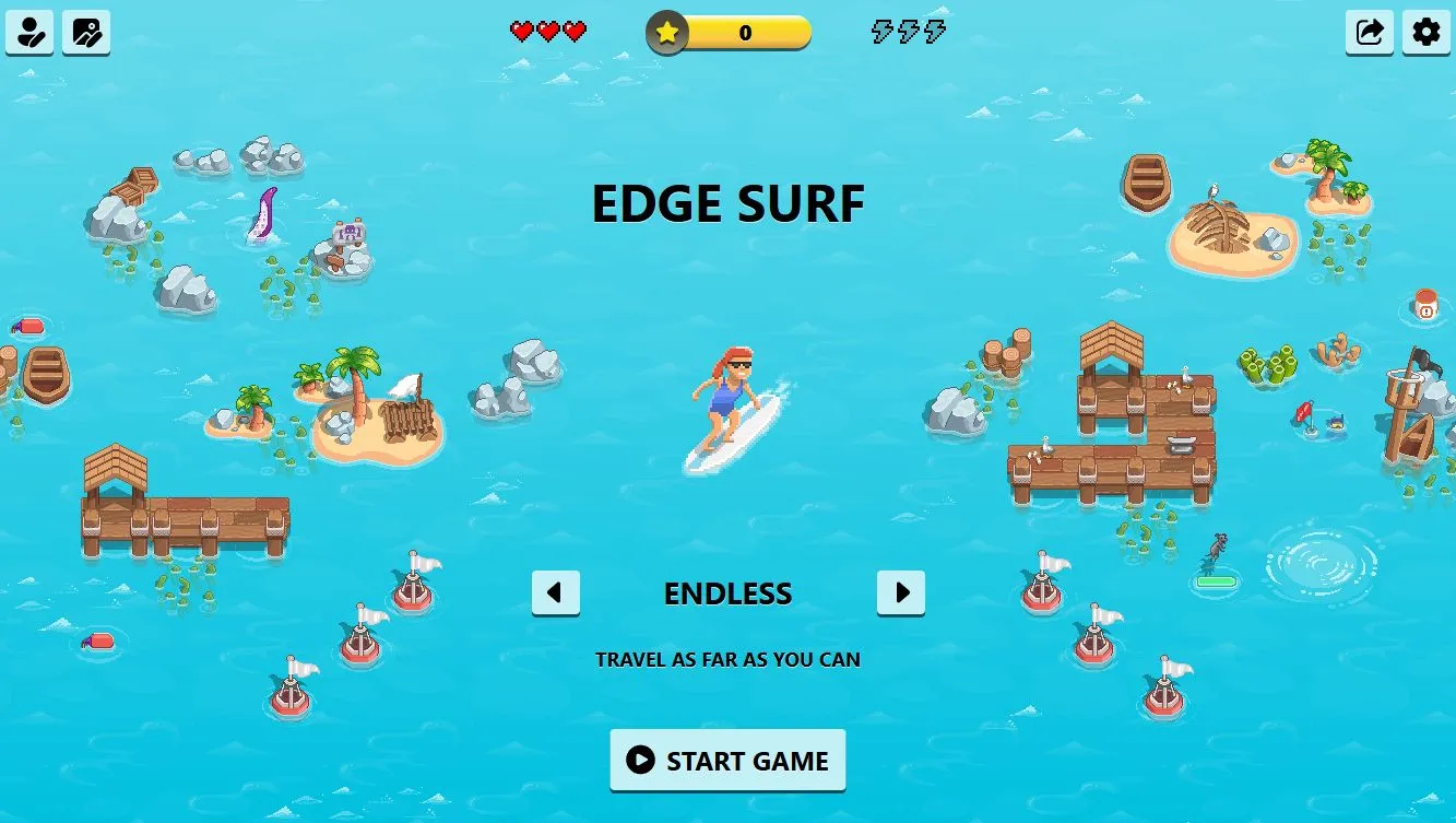 Màn hình tiêu đề của trò chơi Edge Surf, hiển thị người lướt ván trên biển xanh và sóng cuộn, mời gọi người chơi khám phá thế giới giải trí ẩn trên trình duyệt Microsoft Edge.