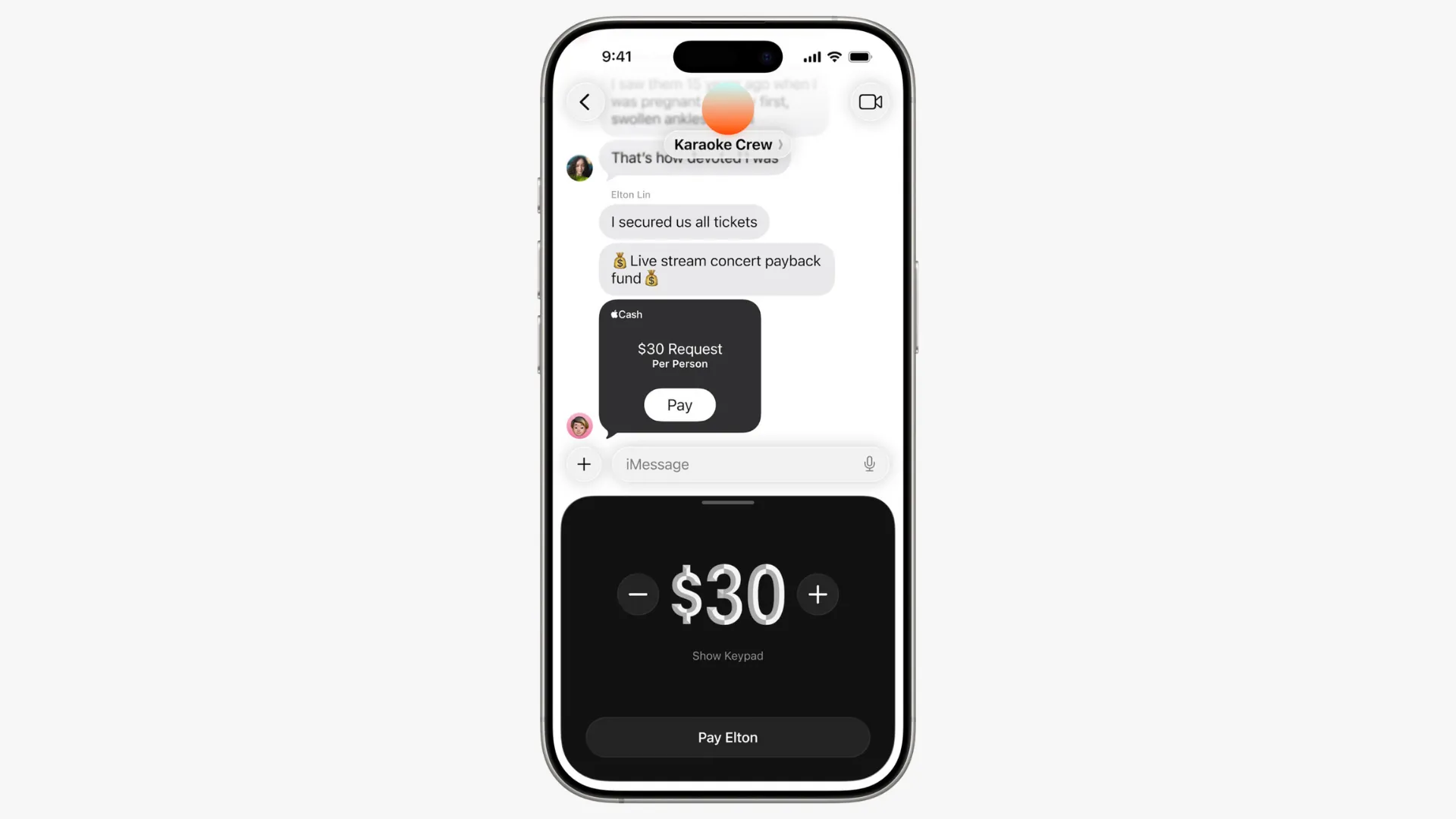 Màn hình Tin nhắn Apple hiển thị yêu cầu thanh toán qua Apple Cash, tích hợp liền mạch cho việc chia sẻ chi phí nhóm trên iOS 26.
