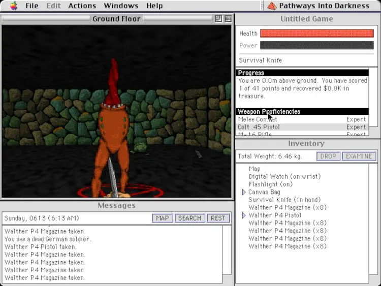 Màn hình trò chơi Pathways Into Darkness trên Macintosh II, thể hiện đồ họa màu sắc đột phá cho game Mac