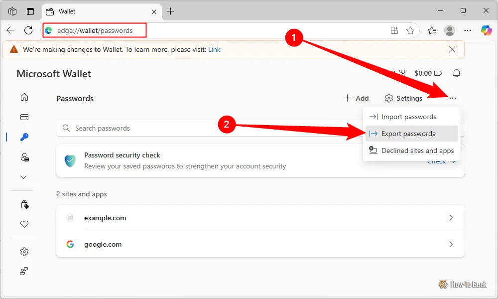 Màn hình tùy chọn xuất mật khẩu từ Microsoft Edge, hiển thị nút &quot;Export Passwords&quot; (Xuất mật khẩu) để người dùng sao lưu dữ liệu.