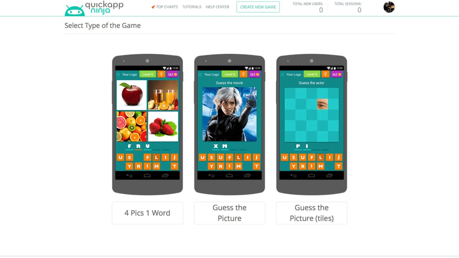 Màn hình ứng dụng QuickAppNinja hiển thị giao diện tạo game đố vui, với ví dụ câu hỏi về nhân vật Storm từ X-Men, minh họa khả năng tạo game không cần code.