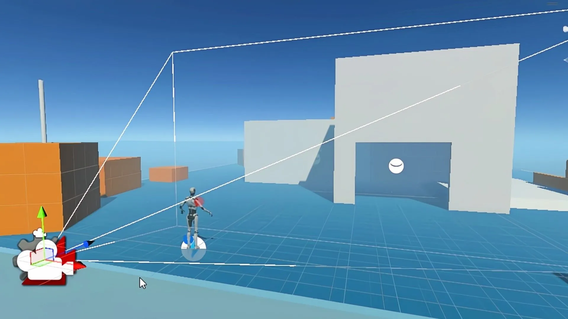 Màn hình Unity Editor hiển thị giao diện phát triển game với mô hình xương và camera, minh họa cách Unity Remote kết nối thiết bị di động để kiểm thử game Android.