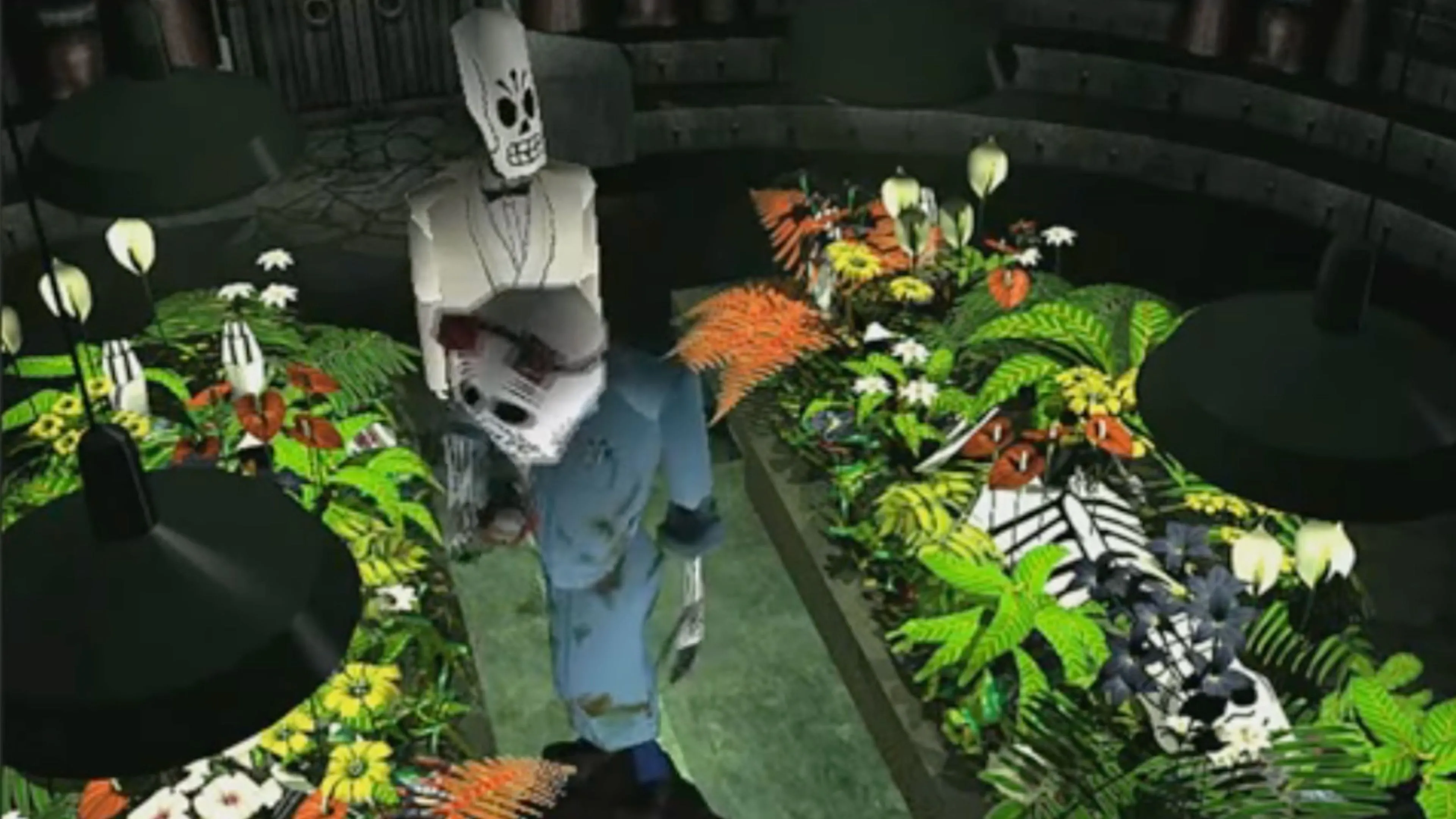 Manny Calavera, nhân vật chính trong Grim Fandango, đứng trước bối cảnh kiến trúc Art Deco độc đáo, minh họa phong cách phiêu lưu cổ điển.
