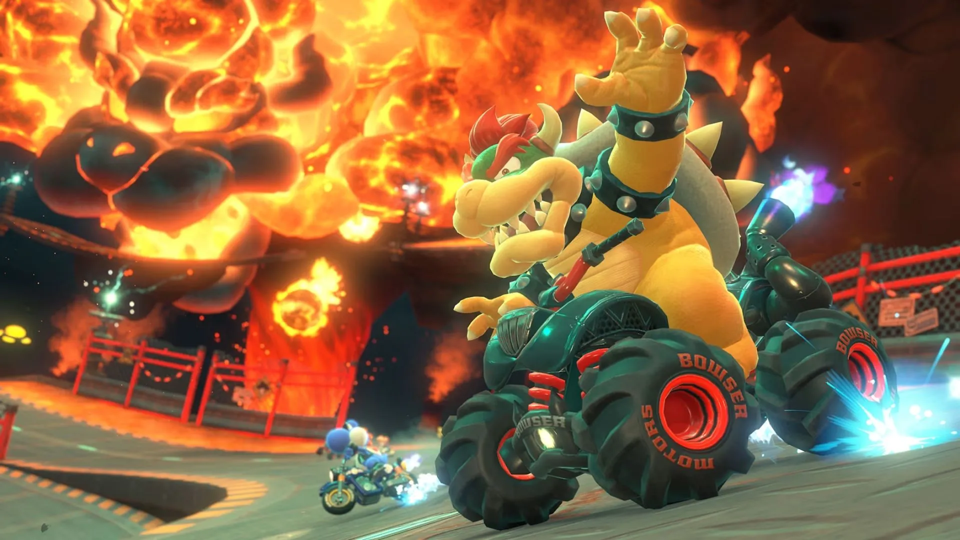 Mario và Bowser đang tranh tài quyết liệt trên đường đua trong Mario Kart World, minh họa lối chơi đua xe đặc trưng.