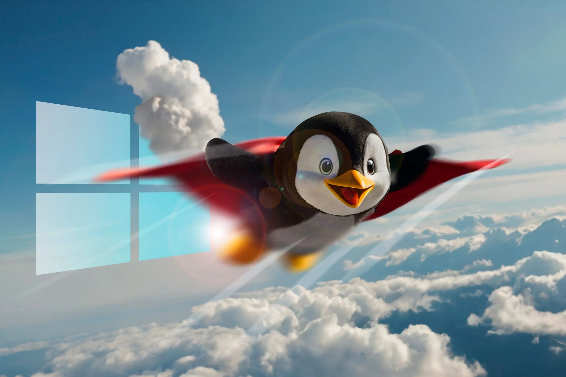 Mascot Linux bay lượn vui vẻ trên những đám mây với logo Windows phía sau, tượng trưng cho việc người dùng thường ưu tiên một hệ điều hành hơn khi dual boot
