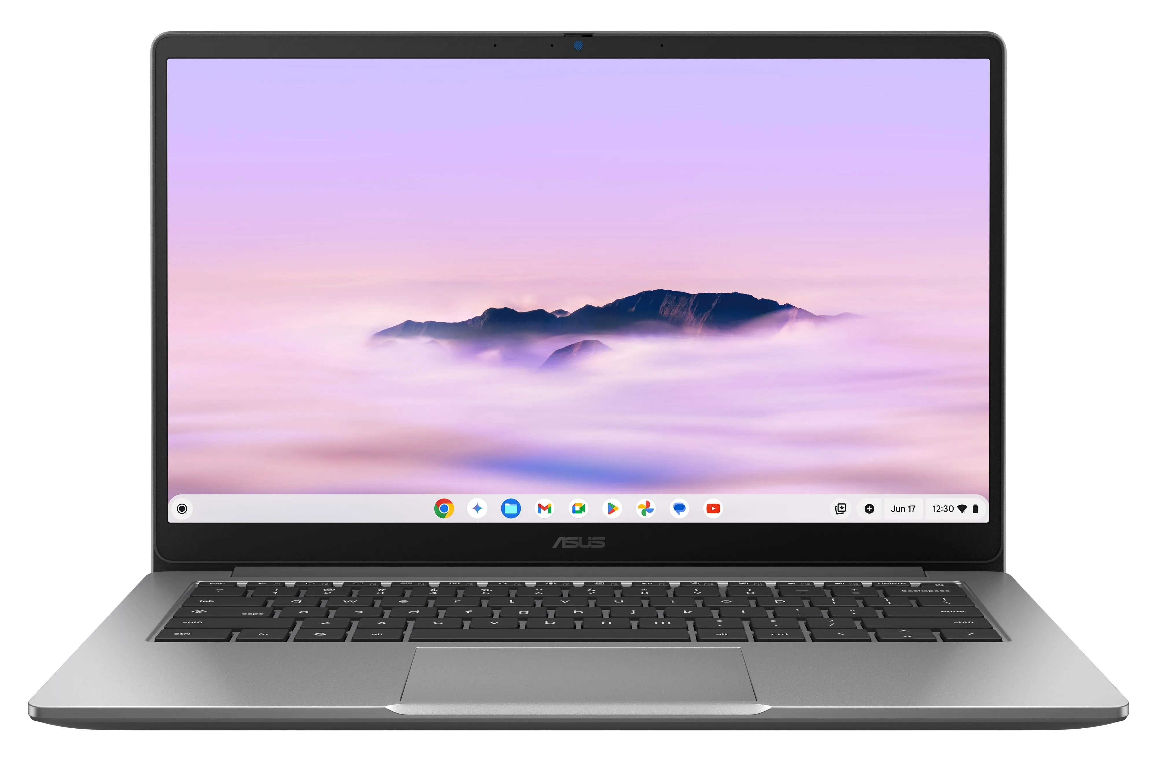 Mẫu ASUS Chromebook Plus CX14 màu xám nhạt nhìn chính diện, nổi bật màn hình 14 inch Full HD sắc nét, tối ưu cho trải nghiệm làm việc và giải trí.