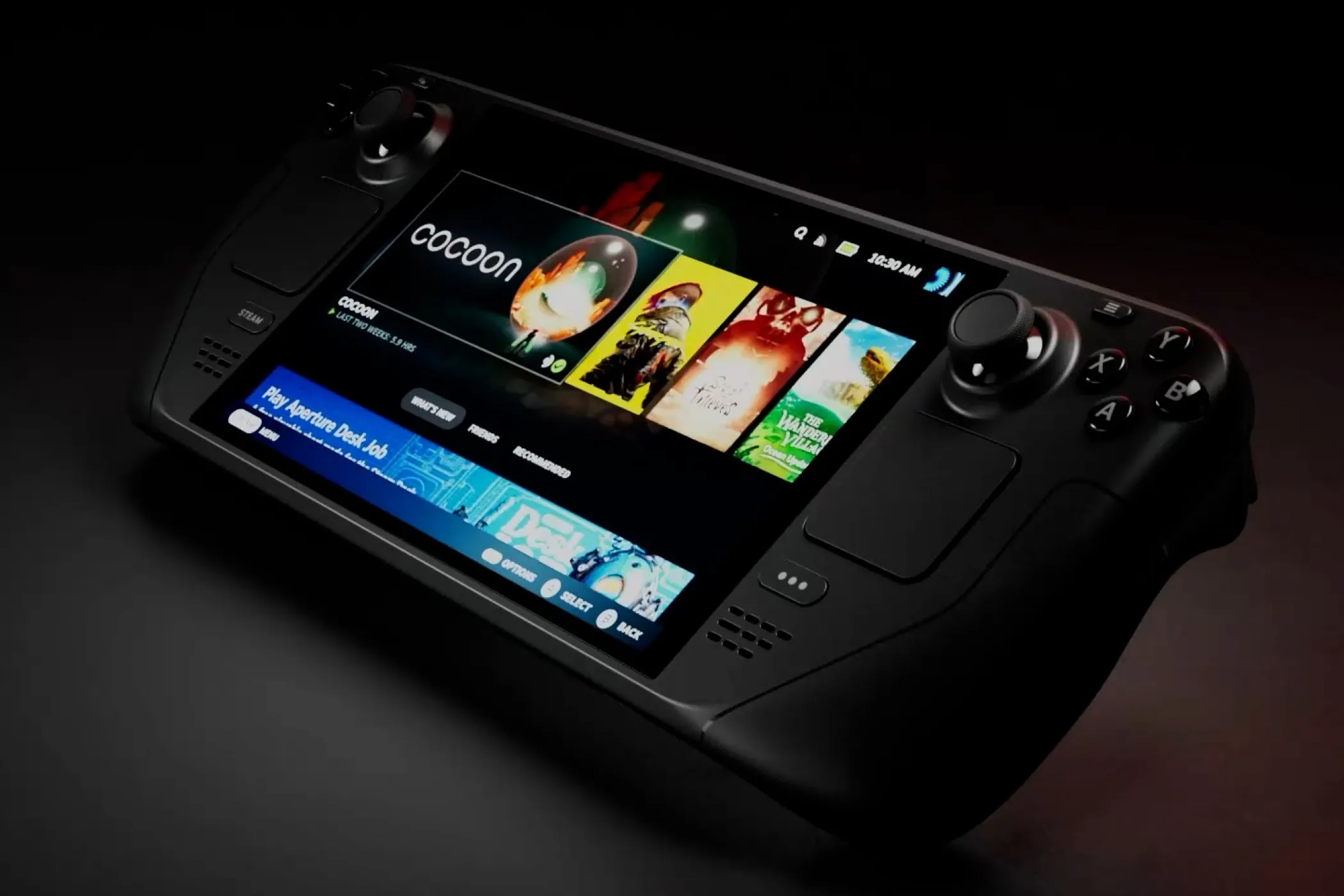 Máy chơi game cầm tay Steam Deck OLED với màn hình sắc nét, thể hiện trải nghiệm gaming di động cao cấp.
