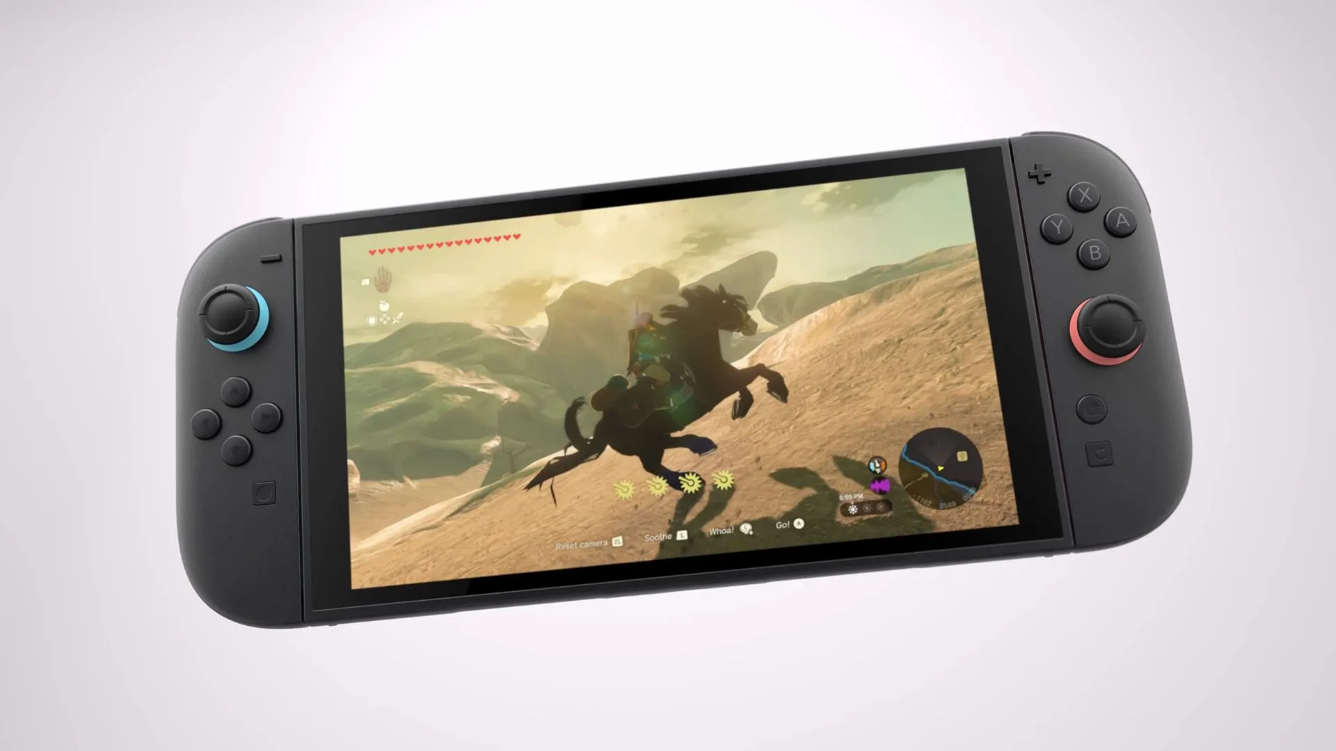 Máy chơi game Nintendo Switch 2 hiển thị tựa game The Legend of Zelda, minh họa tính năng nâng cấp và gói mở rộng mới dành cho các tựa game đình đám của Nintendo.