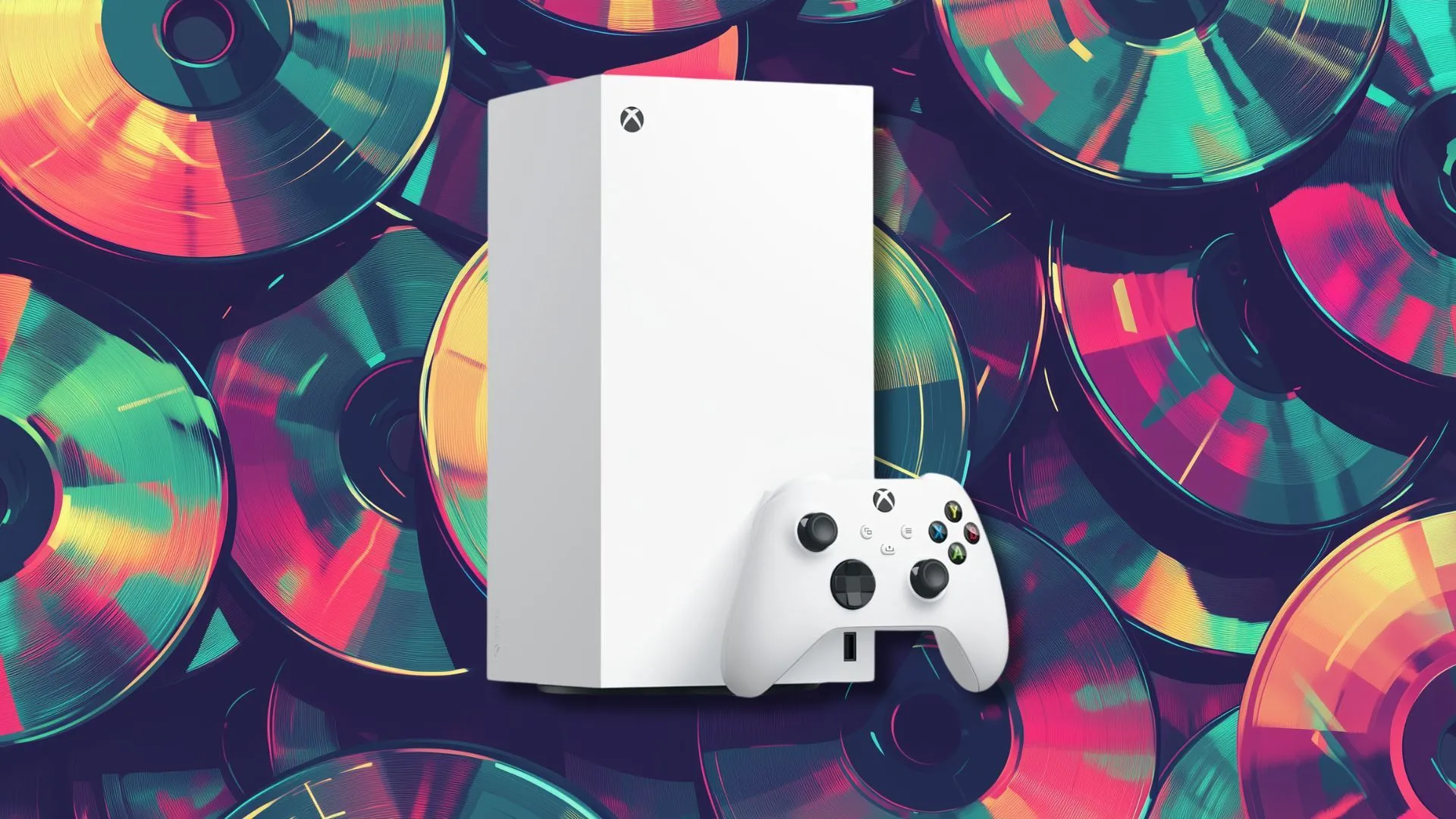Máy chơi game Xbox Series X màu trắng đặt trên nền đĩa CD, minh họa sự tăng giá của các sản phẩm và phụ kiện Xbox.