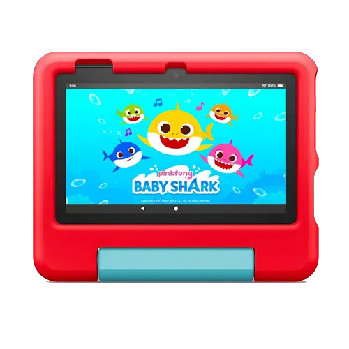 Máy tính bảng Amazon Fire 7 Kids màu xanh dương với ốp bảo vệ chắc chắn, được thiết kế đặc biệt cho trẻ em, kèm theo nội dung giáo dục và giải trí.