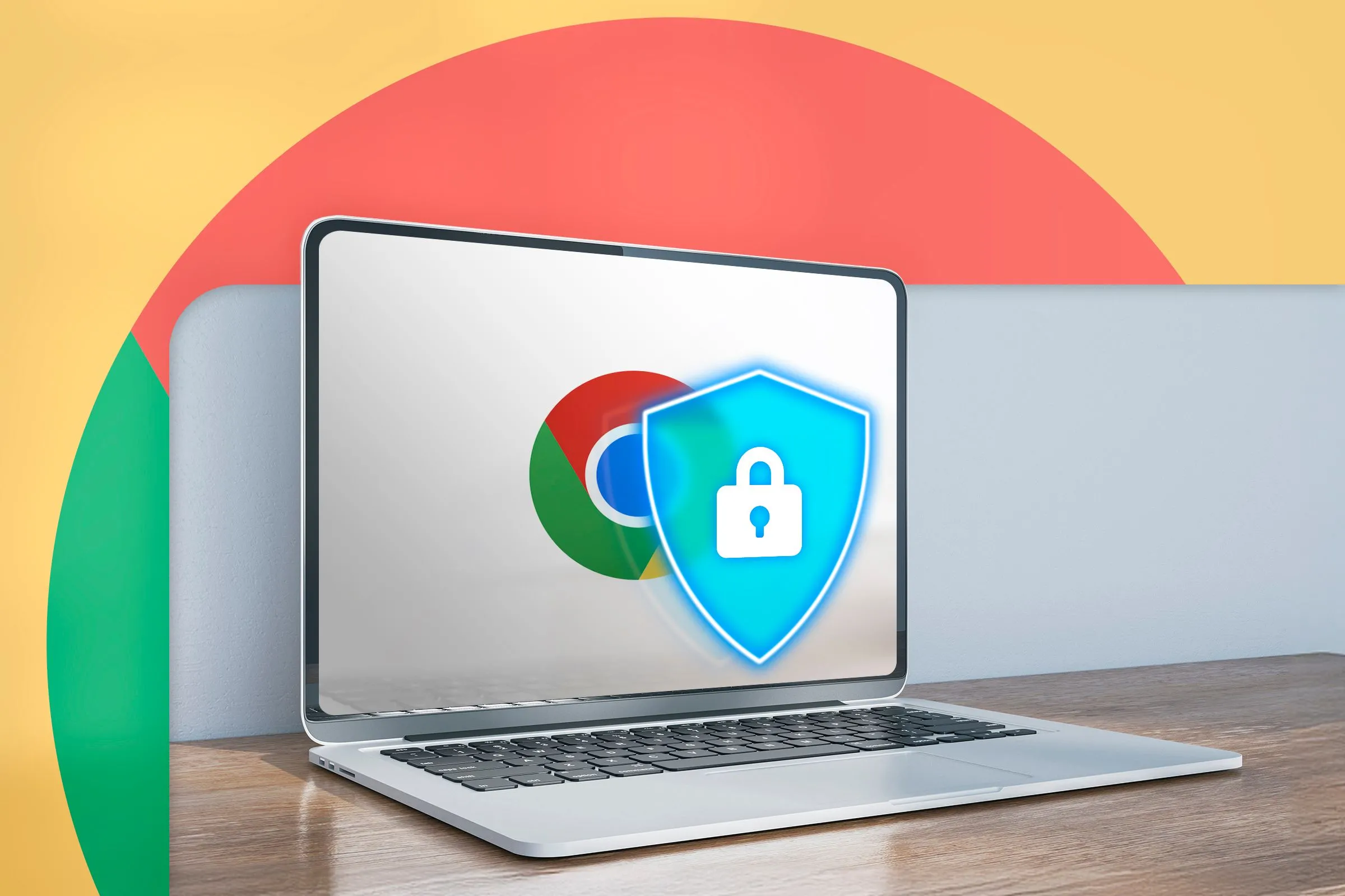 Máy tính xách tay với biểu tượng Chrome và tấm khiên bảo vệ, cảnh báo rằng chế độ ẩn danh không ngăn chặn được phần mềm độc hại hay các mối đe dọa trực tuyến khác.