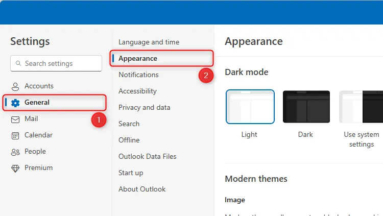 Menu cài đặt Chung trong hộp thoại cài đặt của Outlook mới, với tùy chọn Giao diện đã được chọn.