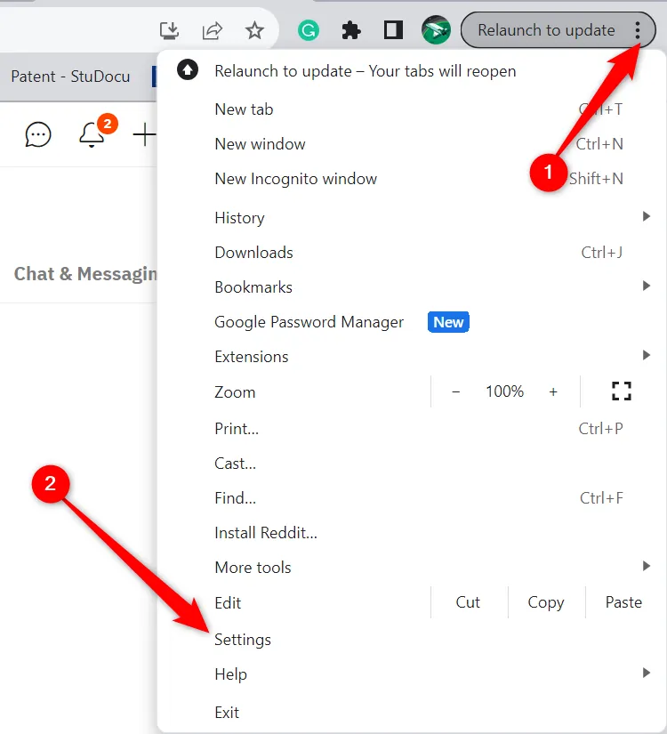 Menu cài đặt trình duyệt Google Chrome hiển thị tùy chọn &quot;Settings&quot; (Cài đặt).