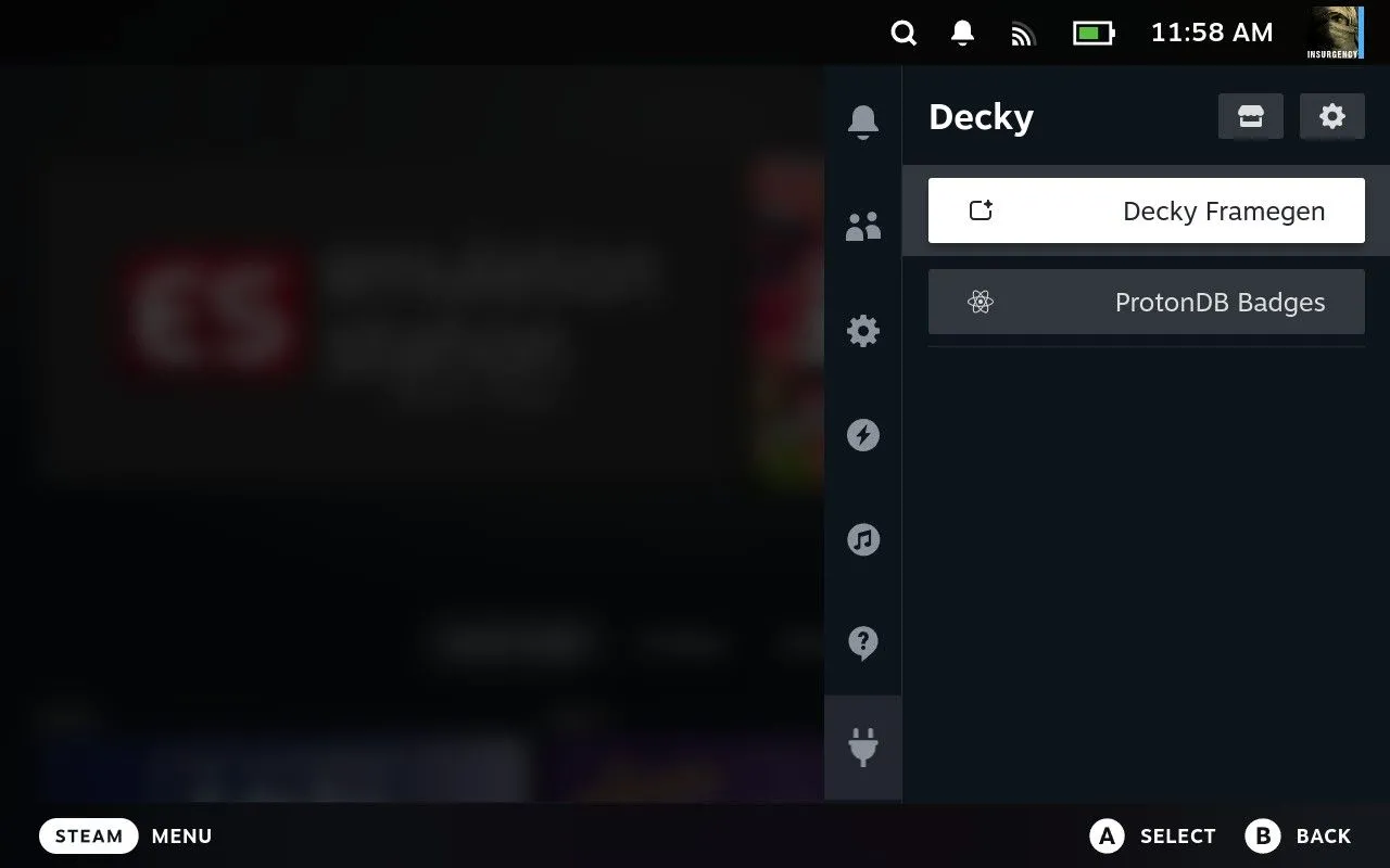 Menu Decky trên Steam Deck hiển thị plugin Decky Framegen được tô sáng, cho phép người dùng truy cập các tùy chọn để kích hoạt tính năng tạo khung hình FSR3.