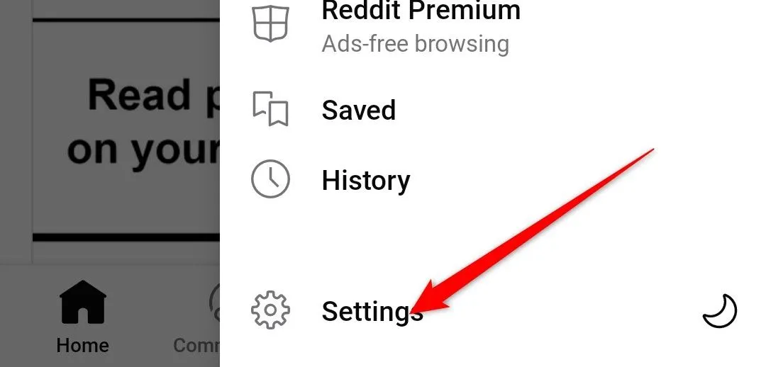 Menu người dùng trong ứng dụng Reddit với tùy chọn &quot;Settings&quot; (Cài đặt) được làm nổi bật.