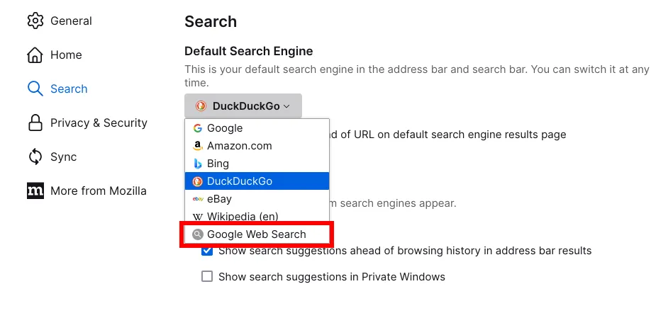 Menu thả xuống &quot;Công cụ tìm kiếm mặc định&quot; của Firefox hiển thị công cụ tìm kiếm Web View Google tùy chỉnh đã được thêm vào, sẵn sàng để chọn làm mặc định.