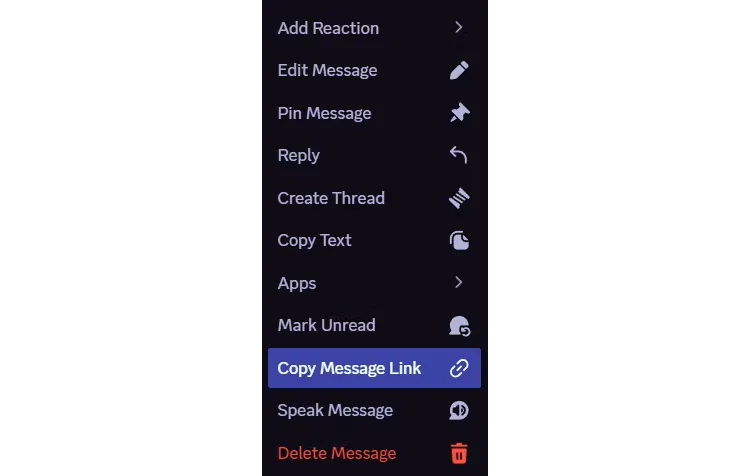 Menu 'Thêm' (More) trên Discord, hiển thị tùy chọn 'Sao chép liên kết tin nhắn' (Copy Message Link) để lấy URL của một tin nhắn cụ thể.