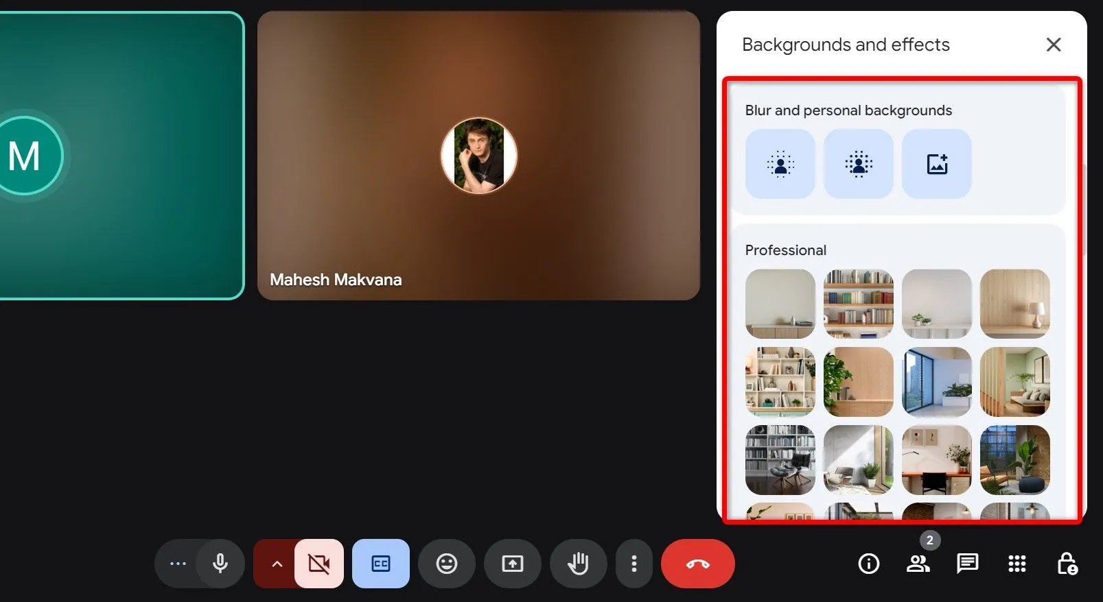Menu tùy chỉnh hiệu ứng nền và hình nền cá nhân trong Google Meet, hiển thị các lựa chọn làm mờ phông nền hoặc thay thế bằng hình ảnh ảo.