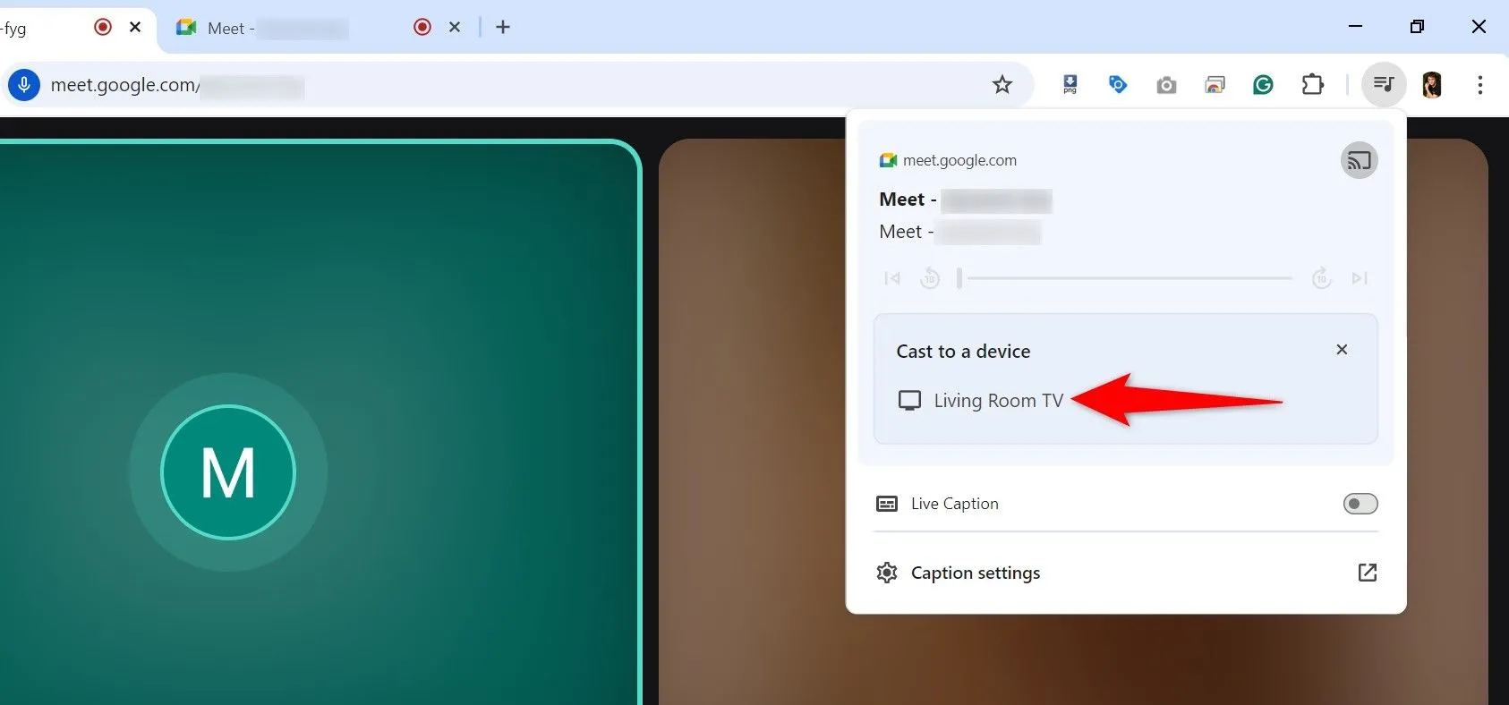 Menu tùy chọn truyền màn hình trong Google Meet, hiển thị danh sách các thiết bị có thể truyền cuộc họp đến như TV thông minh hoặc Chromecast.