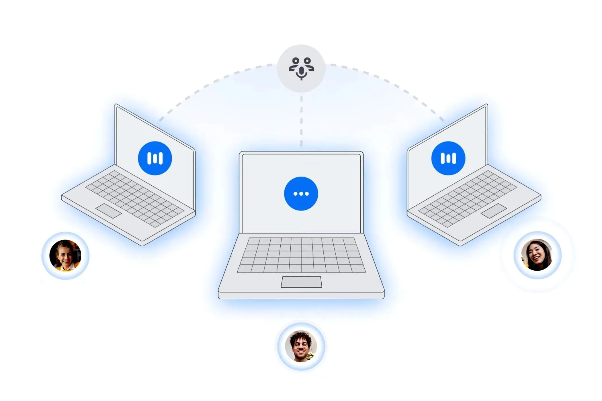 Minh họa cách tính năng Âm thanh thích ứng (Adaptive Audio) của Google Meet tự động tối ưu chất lượng âm thanh trong phòng họp đông người.