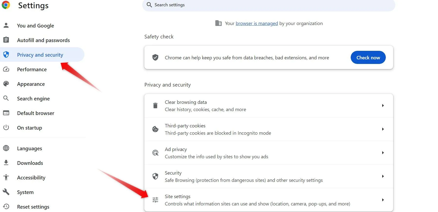 Mở cài đặt trang web (Site Settings) trong Google Chrome để cấu hình hiển thị nội dung