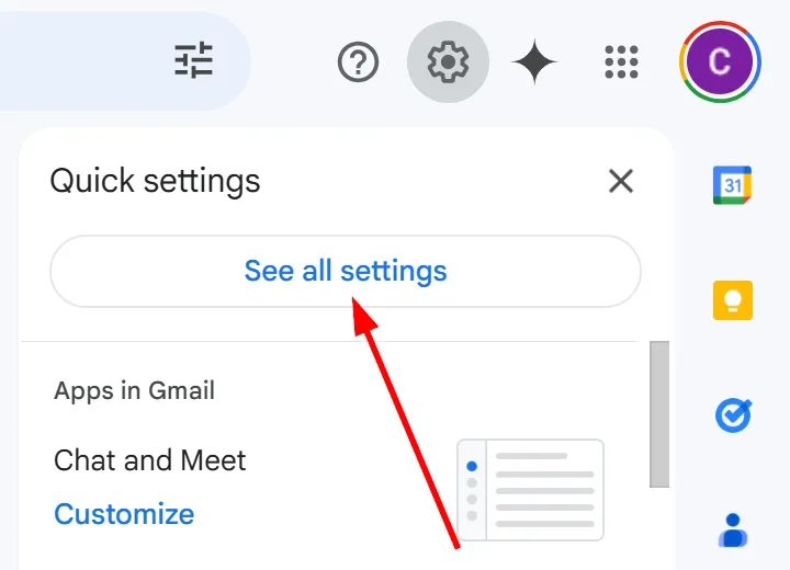 Mở rộng menu cài đặt nhanh trong Gmail, hiển thị tùy chọn &quot;See all settings&quot; để truy cập cài đặt đầy đủ và kích hoạt tính năng ngoại tuyến.