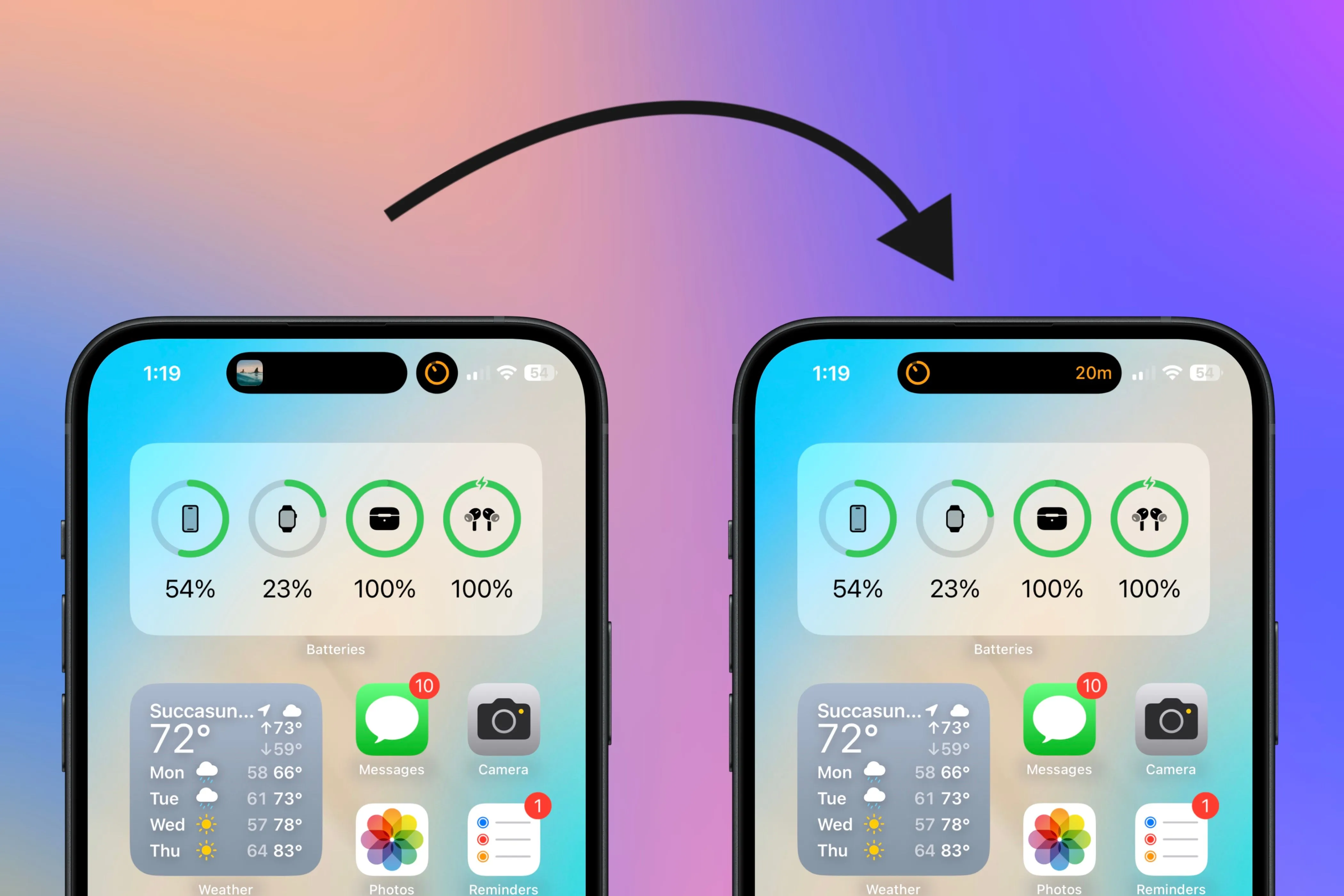 Mô tả cách chuyển đổi giữa thông tin nhạc và bộ hẹn giờ trên Dynamic Island của iPhone, cho thấy tính năng ưu tiên hiển thị Live Activity chính dễ dàng chỉ bằng thao tác vuốt ngang.