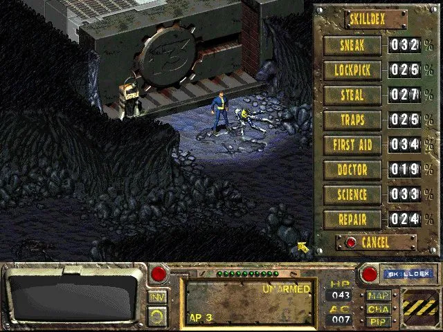 Một cảnh trong Fallout gốc, với giao diện isometric cổ điển và môi trường hậu tận thế, minh họa chiều sâu gameplay RPG.