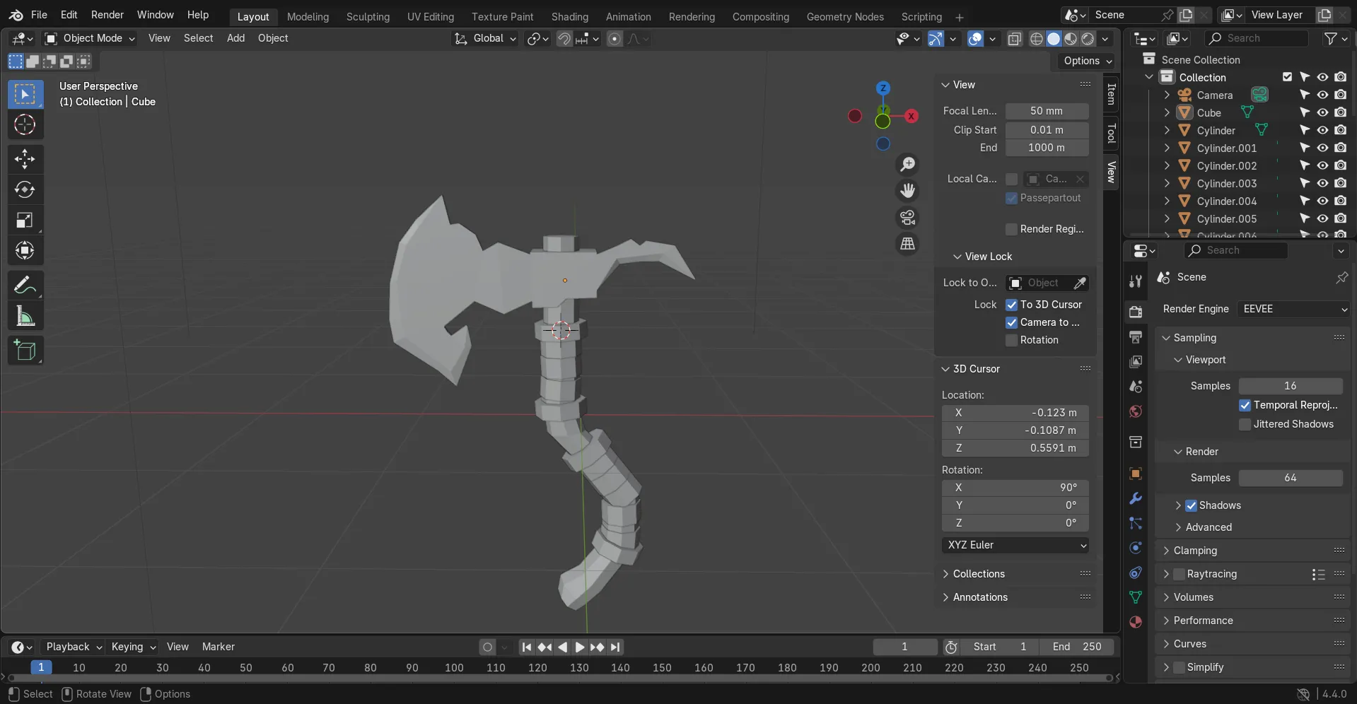 Một chiếc búa low-poly được tạo hình trong Blender, minh họa khả năng mô hình hóa 3D chuyên nghiệp.