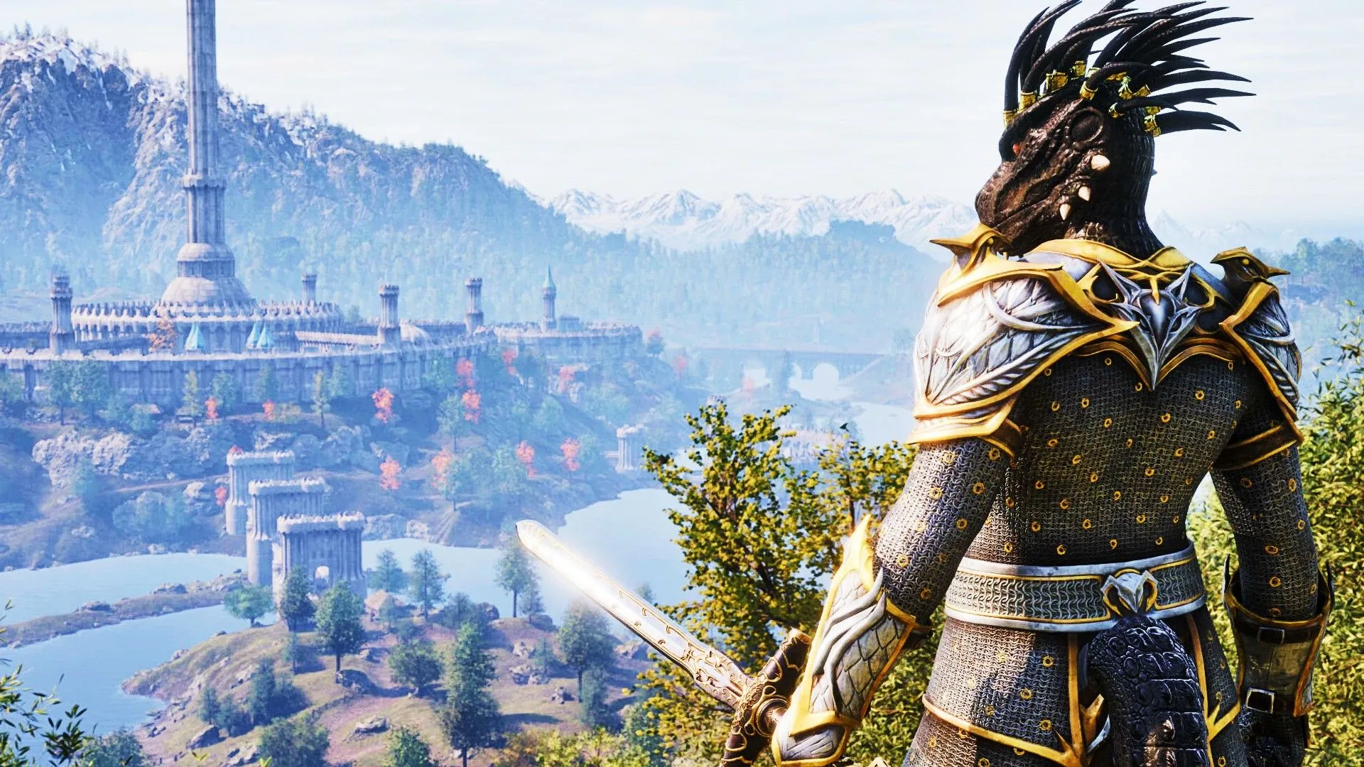 Một chiến binh Argonian trong bộ giáp đầy đủ cầm kiếm đứng trước Thành phố Hoàng gia trong The Elder Scrolls IV Oblivion Remastered, phản ánh thế giới huyền ảo và lịch sử phong phú của game.