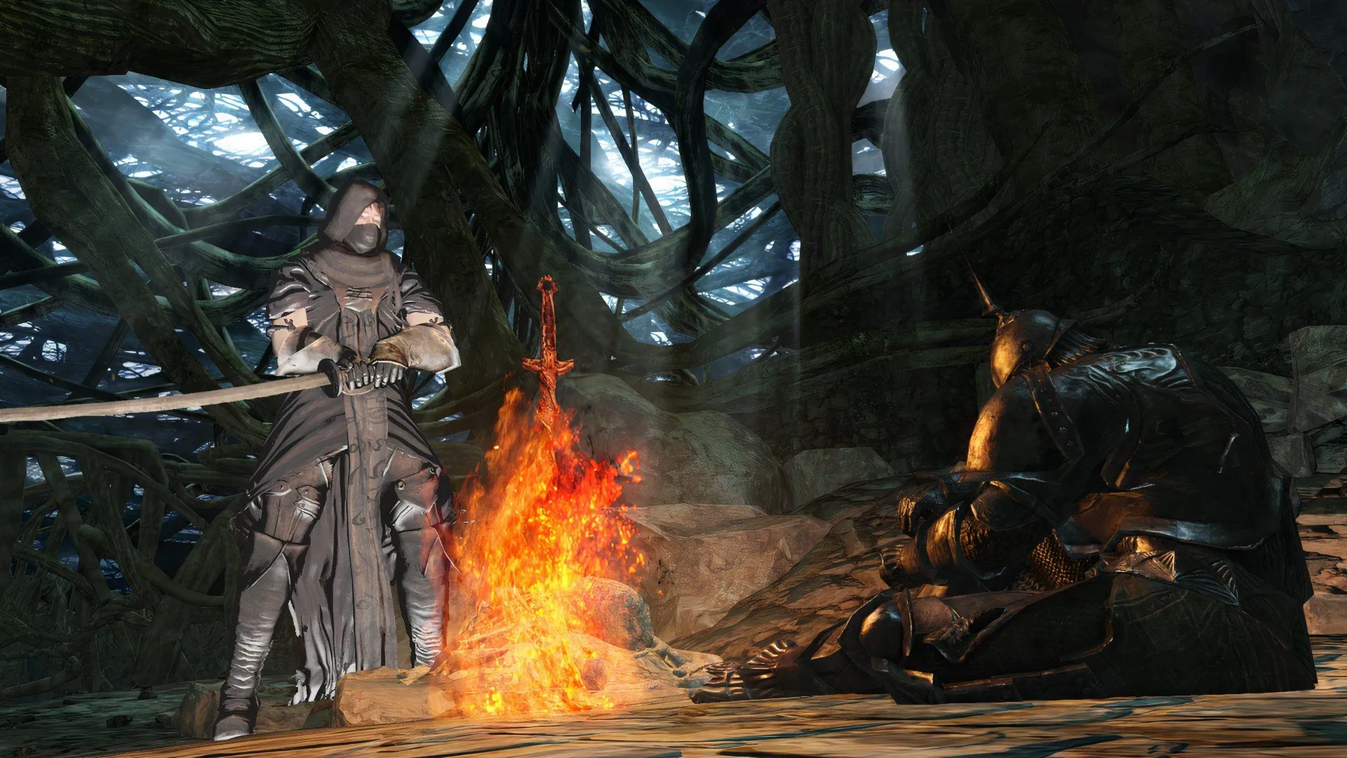 Một hiệp sĩ đang nghỉ ngơi tại Lửa Trại (Bonfire) trong Dark Souls 2, một điểm an toàn hiếm hoi trong thế giới game đầy thử thách và cốt truyện ẩn dụ.