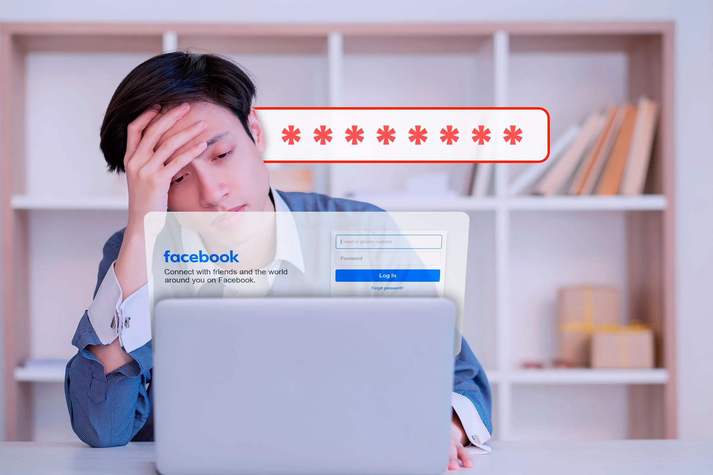 Một người đàn ông trẻ đang nhìn màn hình laptop với trang đăng nhập Facebook, thể hiện sự dễ dàng truy cập tài khoản khi sử dụng 1Password để quản lý mật khẩu phức tạp.