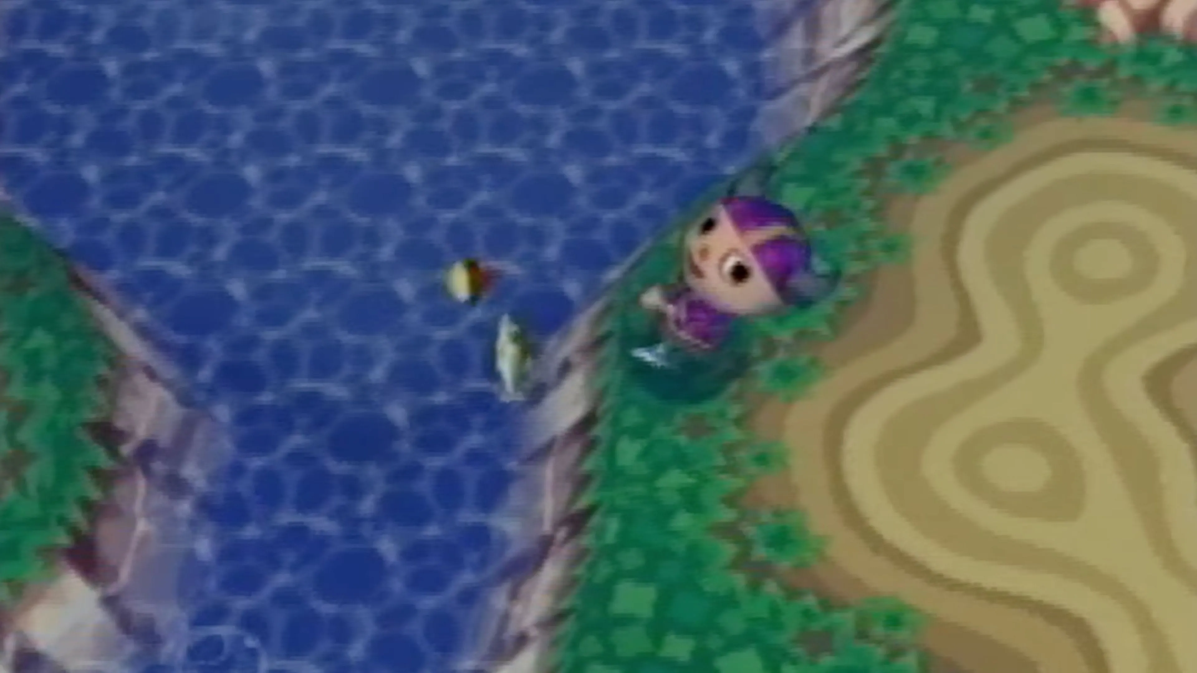 Một nhân vật đang câu cá trong thế giới ấm cúng của Animal Crossing trên GameCube.