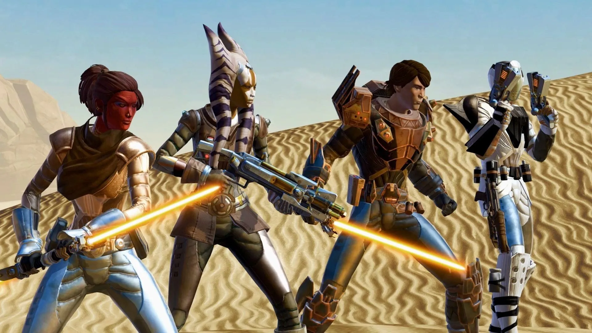 Một nhóm người chơi chuẩn bị tấn công trong Star Wars The Old Republic, thể hiện khía cạnh MMORPG và khả năng chơi miễn phí.