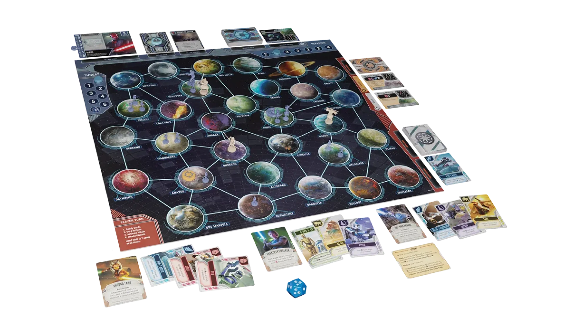 Một vòng chơi Star Wars: The Clone Wars Board Game đang diễn ra, hiển thị các quân cờ Jedi và quân lính Separatist trên bản đồ thiên hà, thể hiện cuộc chiến hợp tác đầy kịch tính để giải phóng các hành tinh khỏi mối đe dọa Droid.