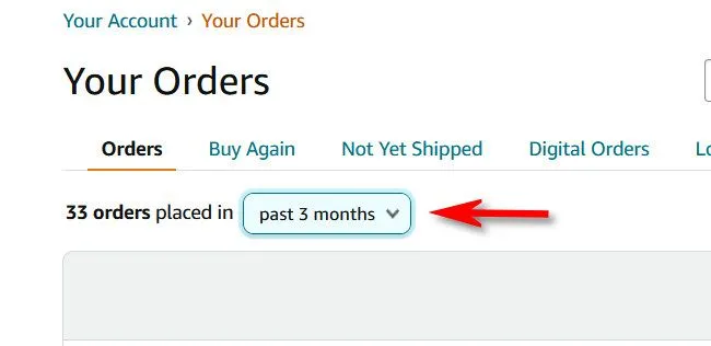 Mũi tên chỉ vào menu thả xuống &quot;Orders Placed In&quot; trên trang lịch sử đơn hàng của Amazon.