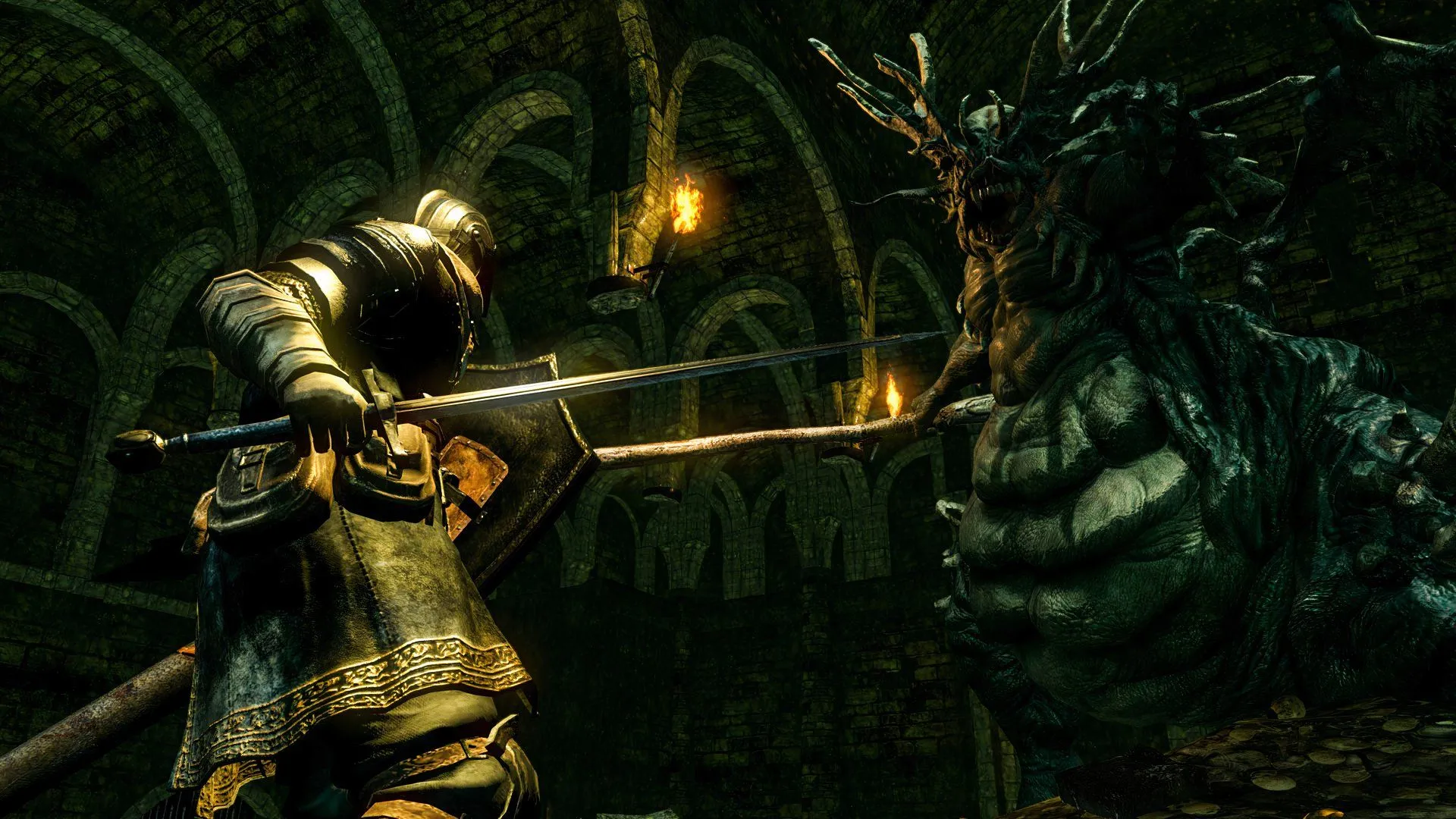 Người chơi đối đầu với trùm trong Dark Souls, biểu tượng cho độ khó thử thách và lối chơi hành động nhập vai đã định hình một thể loại game.