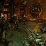 Người chơi Doom Slayer cầm shotgun chiến đấu giữa bầy quỷ hung hãn trong Doom 2016, thể hiện lối chơi hành động dồn dập và đồ họa ấn tượng.