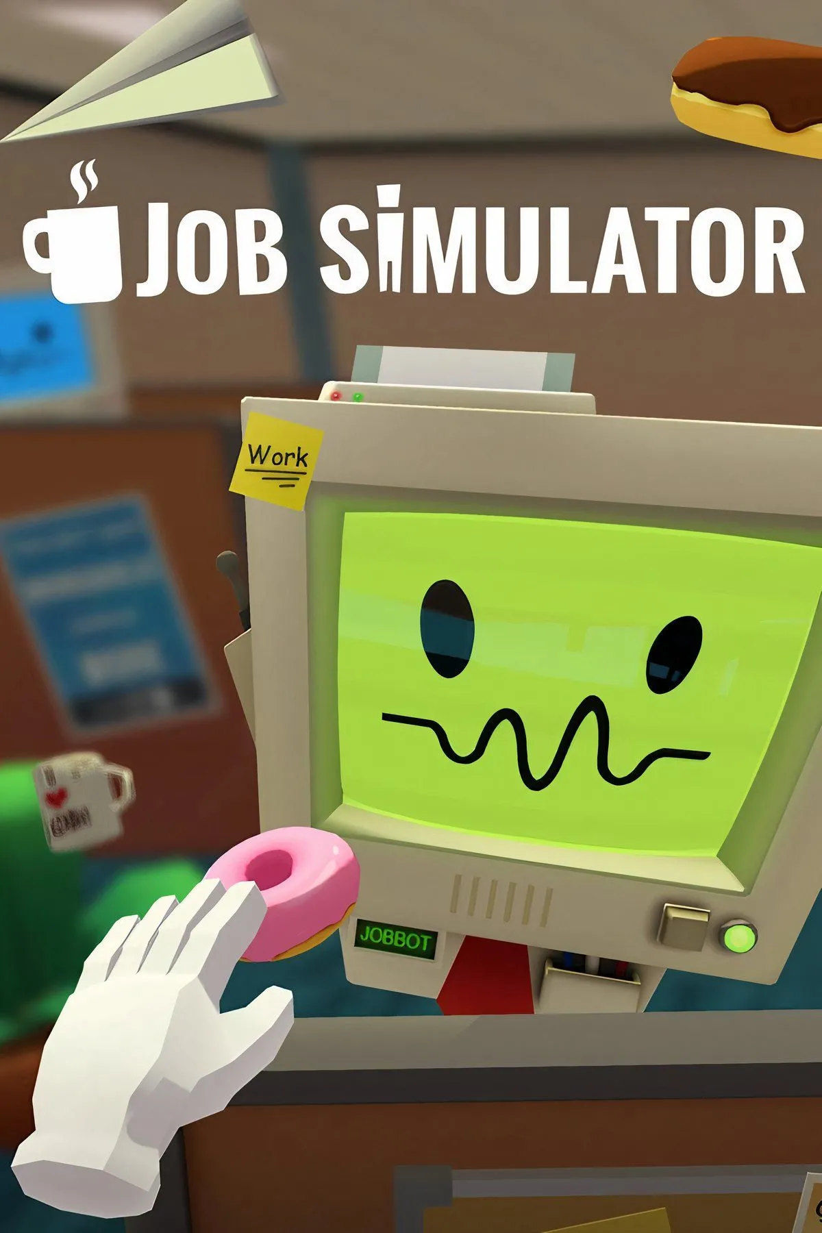 Người chơi tương tác với các vật thể trong môi trường văn phòng ảo của Job Simulator, game VR thân thiện với người dùng mới.