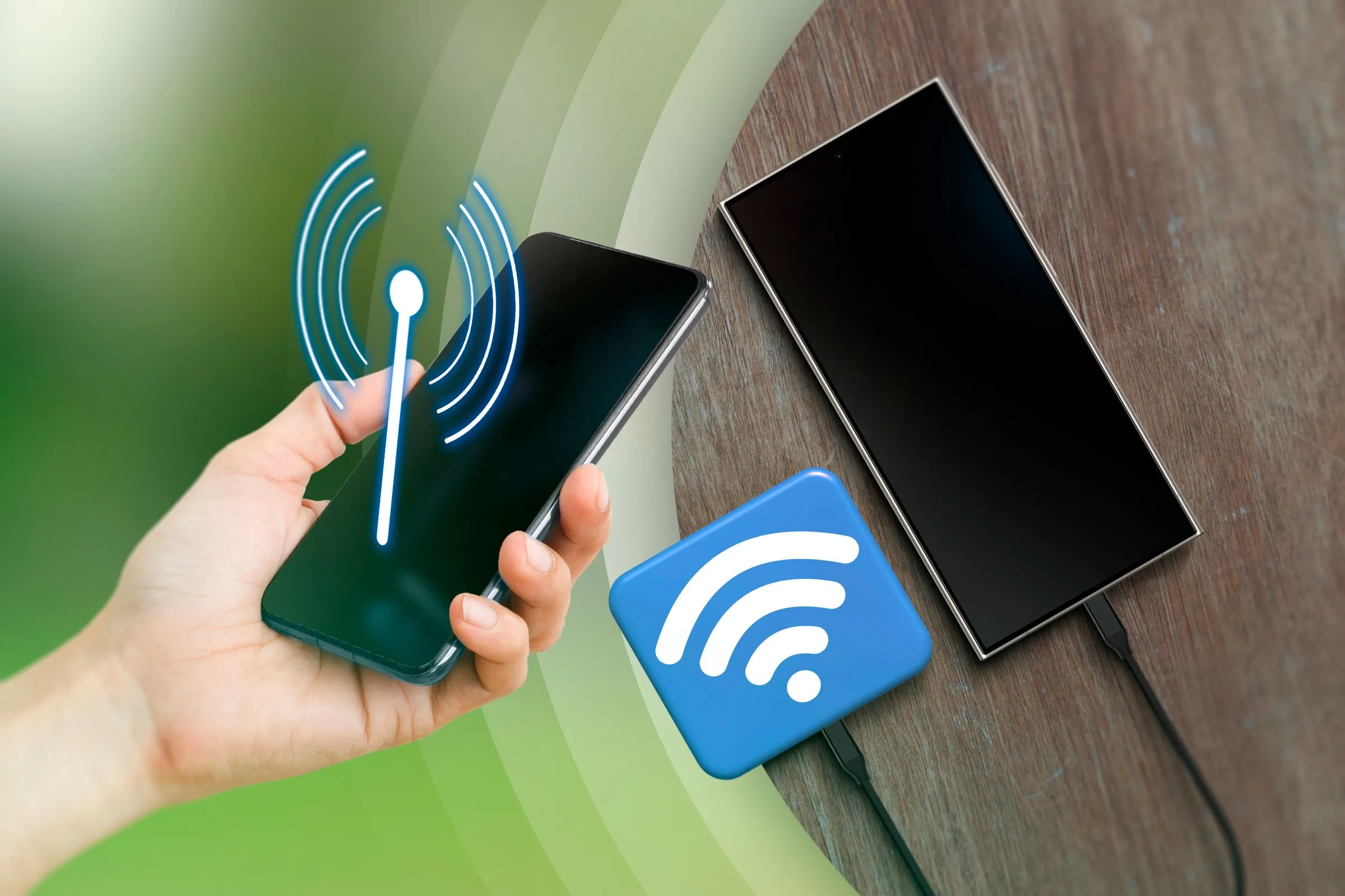 Người dùng đang cầm điện thoại phát sóng Wi-Fi (hotspot di động) cạnh máy tính bảng kết nối internet.